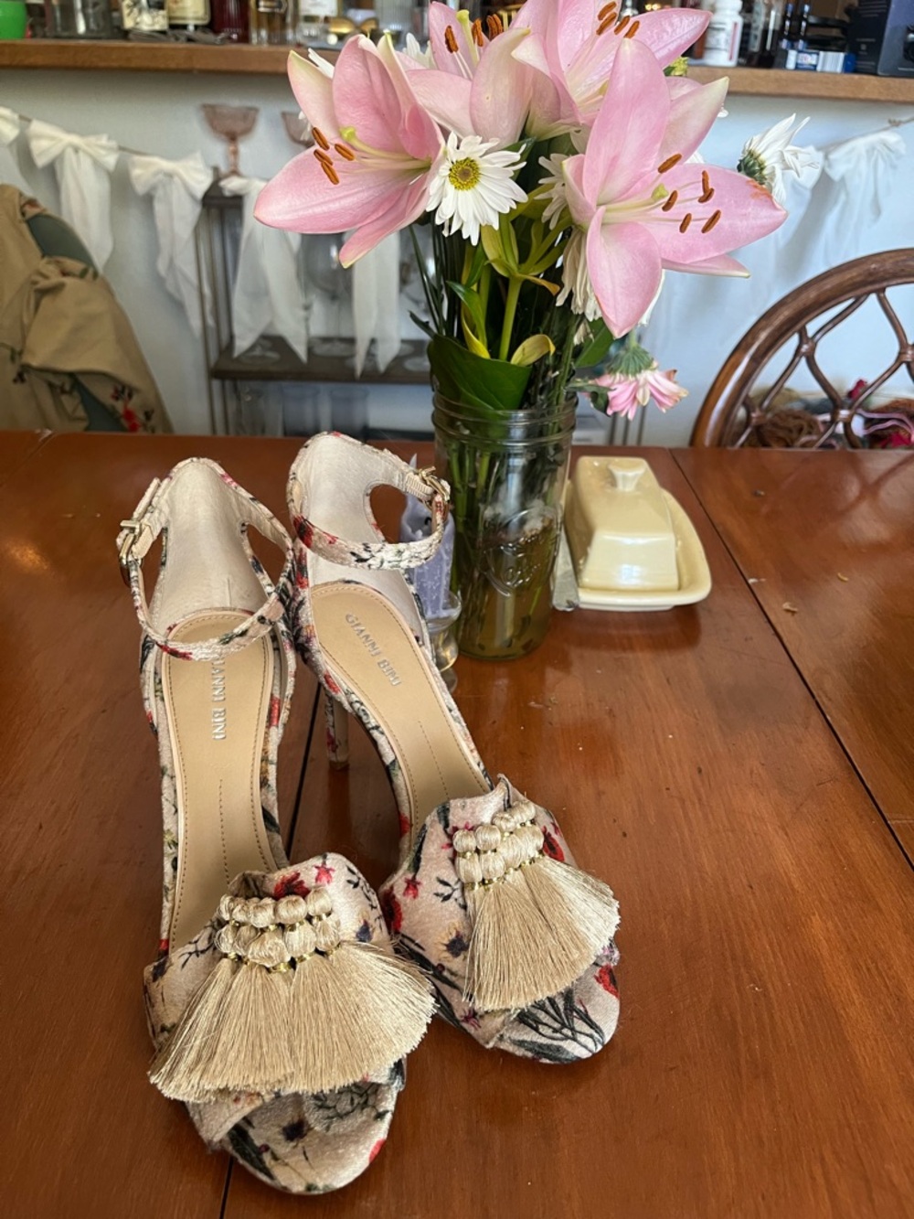 Gianni Bini Beige Floral Tassel Ankle-Strap Velvet Heels